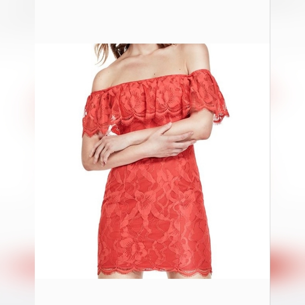 Guess Red Orange Lace Off-Shoulder Dress